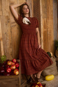 Plaid Short Puff Sleeve Smocked Midi Dress