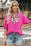 Plus Size Dolman Half Sleeve Leopard Trim V Neck Top (S-4X)