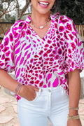 Unique Leopard Print V Neck Puffy Half Sleeve Blouse (S-Xl)