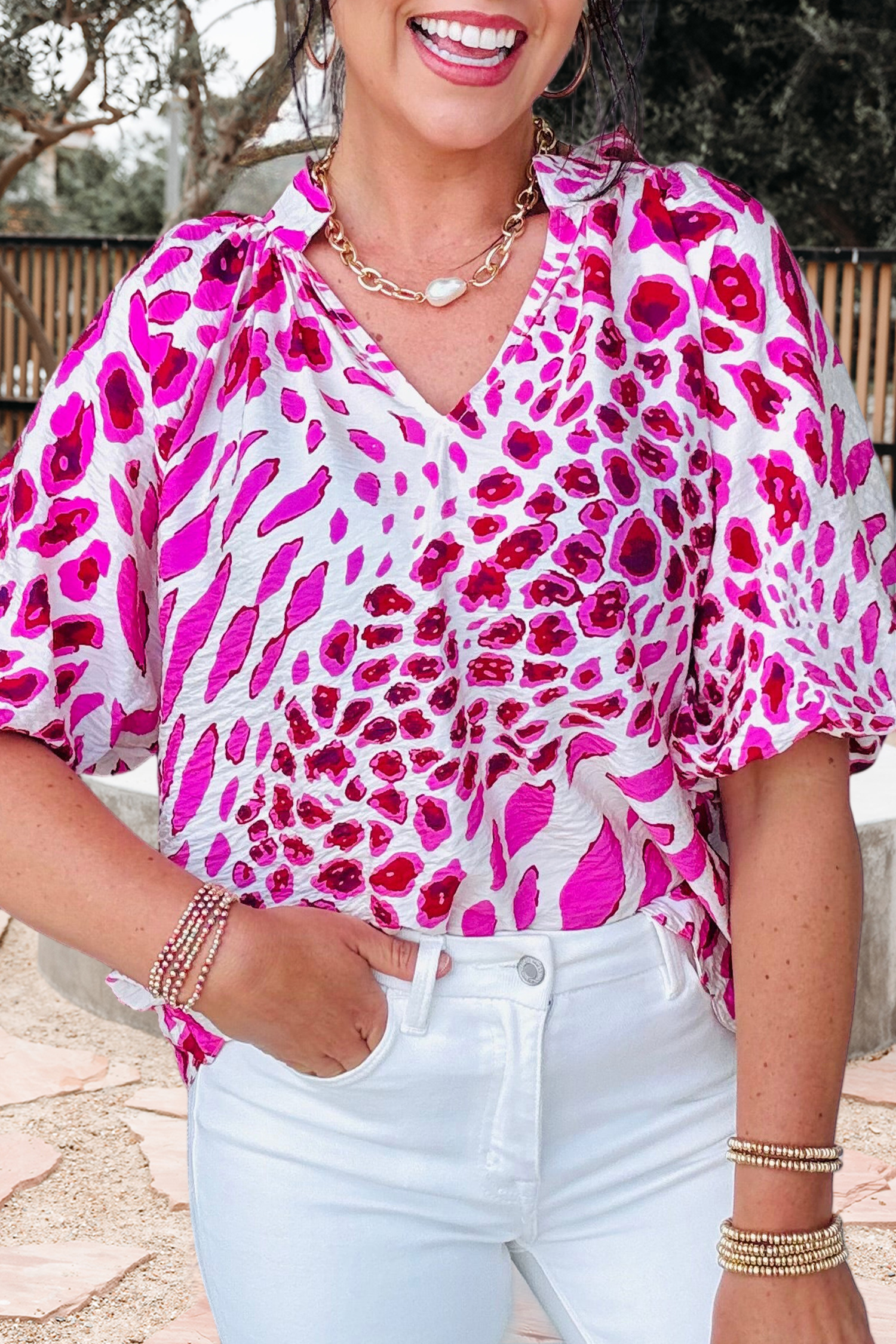 Unique Leopard Print V Neck Puffy Half Sleeve Blouse (S-Xl)