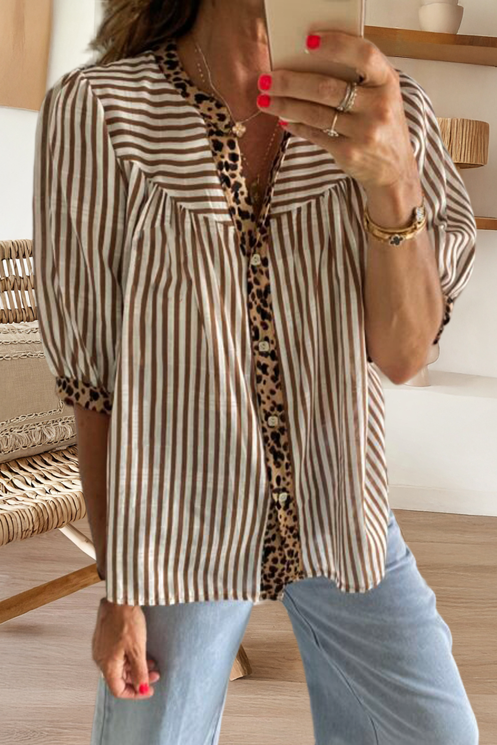 Leopard Trim Button Down Stripe Half Sleeve Shirt (S-Xl)