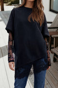 Lace Long Sleeve Asymmetric Hem Patchwork Tunic Tee (S-Xl)