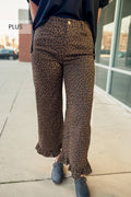 Plus Size Leopard Print Ruffle Hem High Waist Jeans