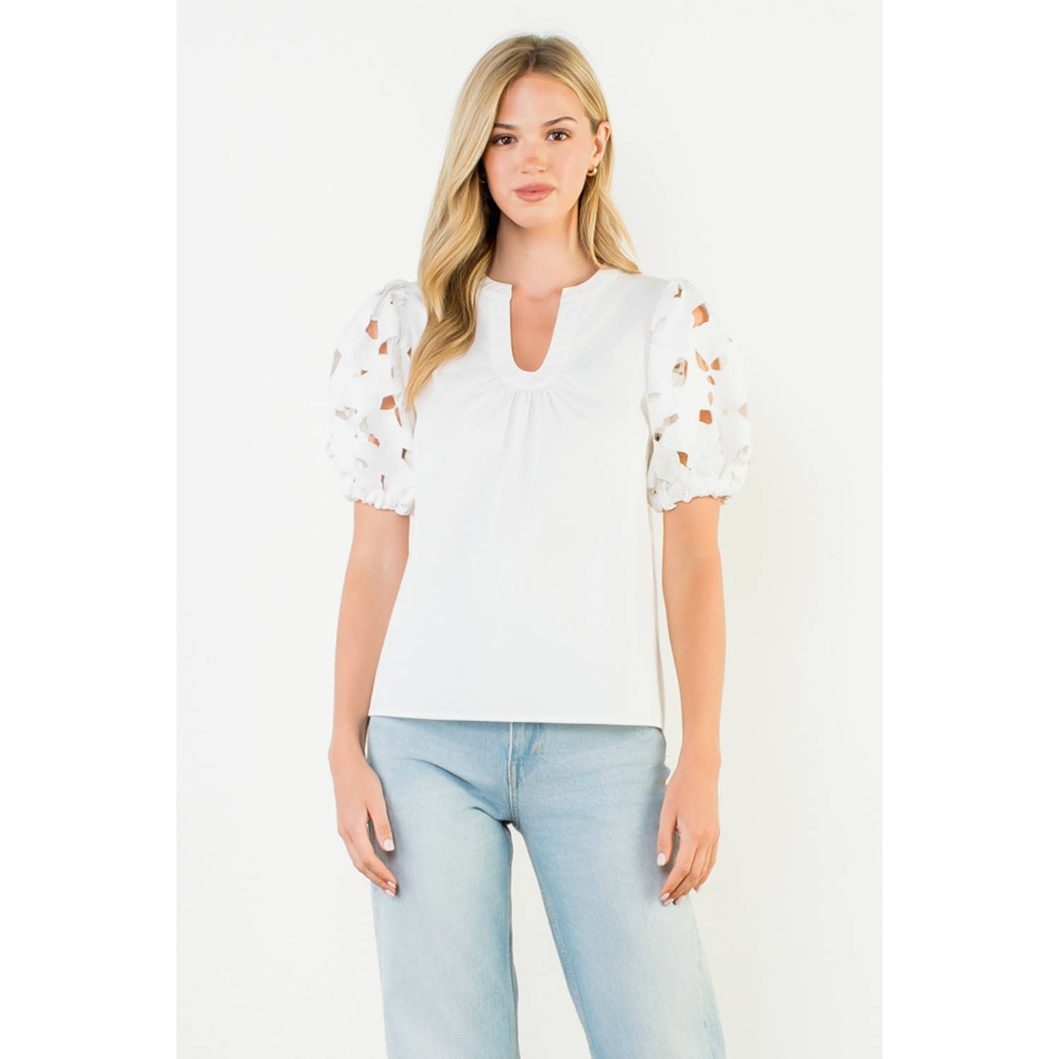 Eyelet Puff Sleeve V-Neck Top