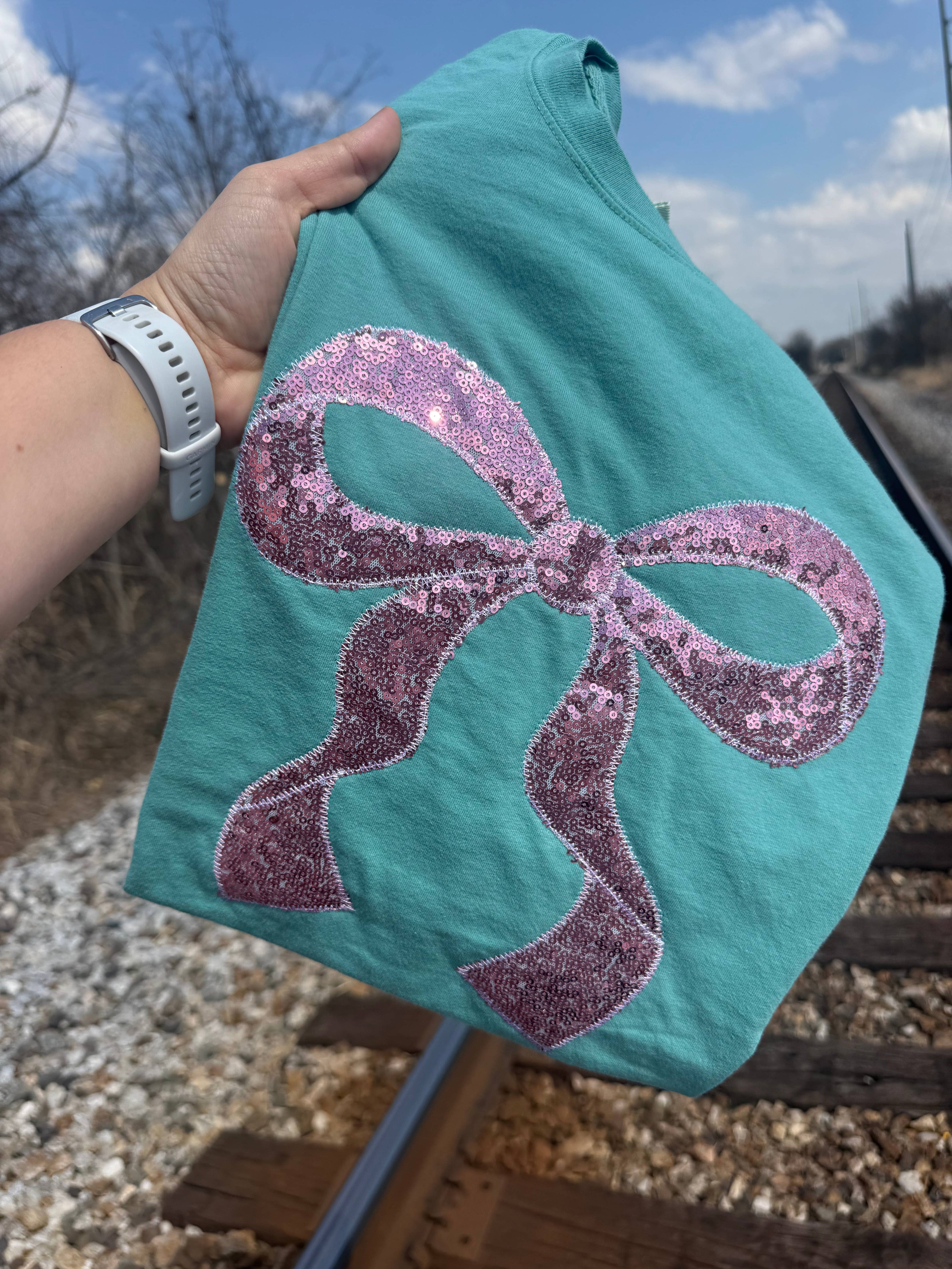 Bow Coquette Real Sequin Short Sleeve T