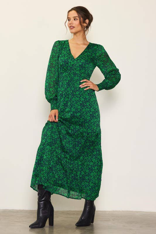 Long Sleeve V-Neck Floral Printed Maxi Dress