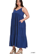 `.Plus Size Maxi Tiered Dress with Pockets