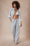 Midi Waist Draw String Stripe Twill Wide Pants
