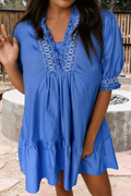 Embroidered Smocked V Neck Puff Sleeve Mini Dress (S-Xl)