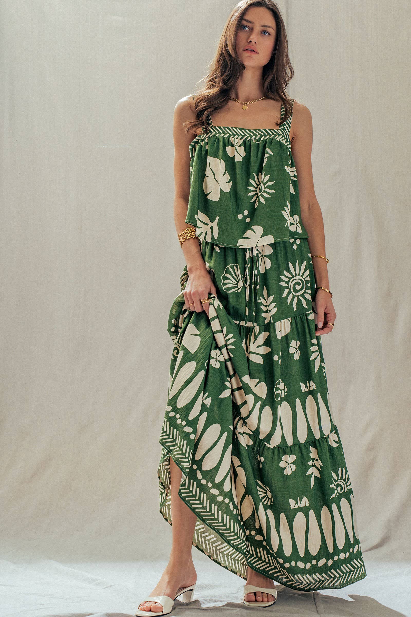 Tropical Print Tiered Maxi Skirt Set