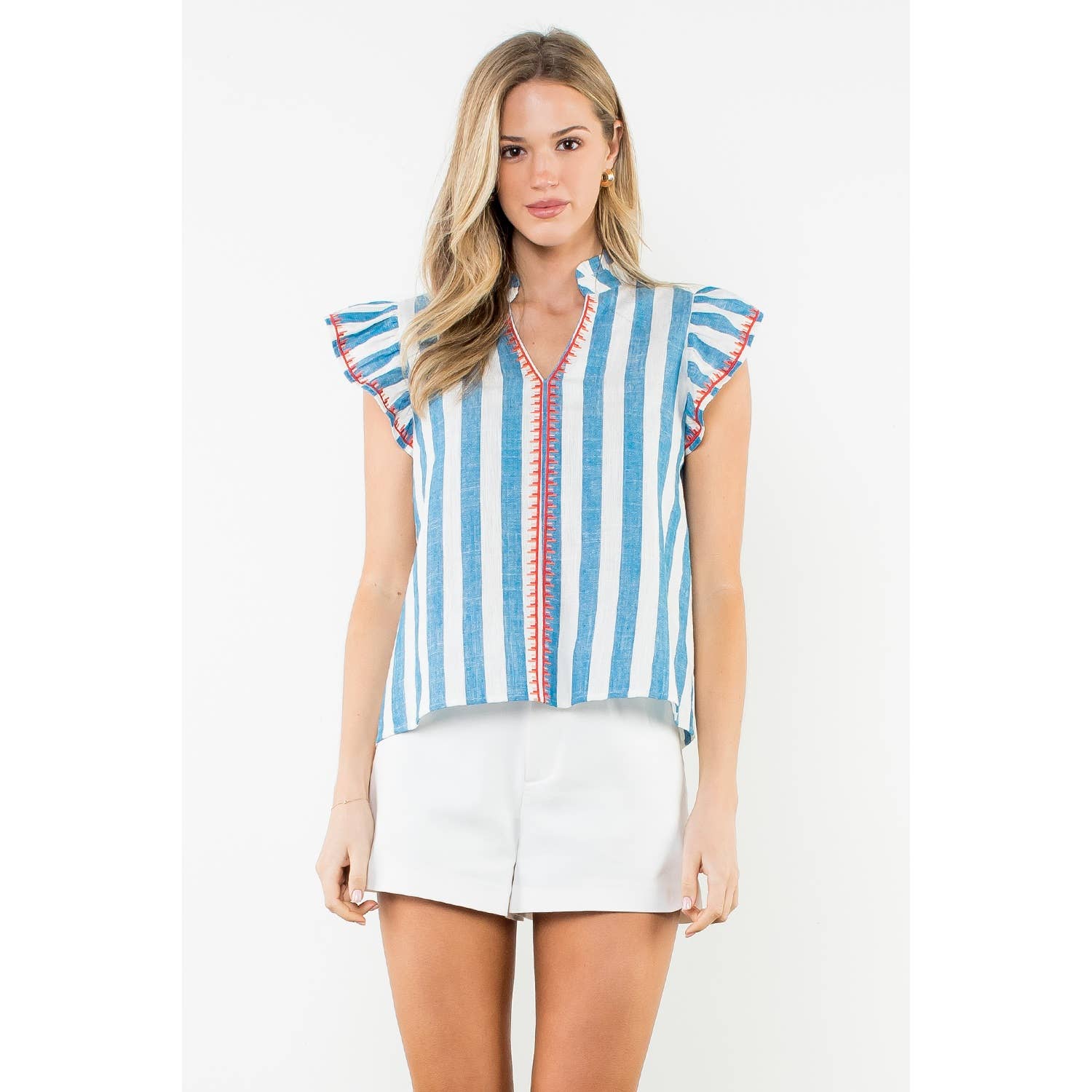 Flutter Sleeve Striped V-Neck Top