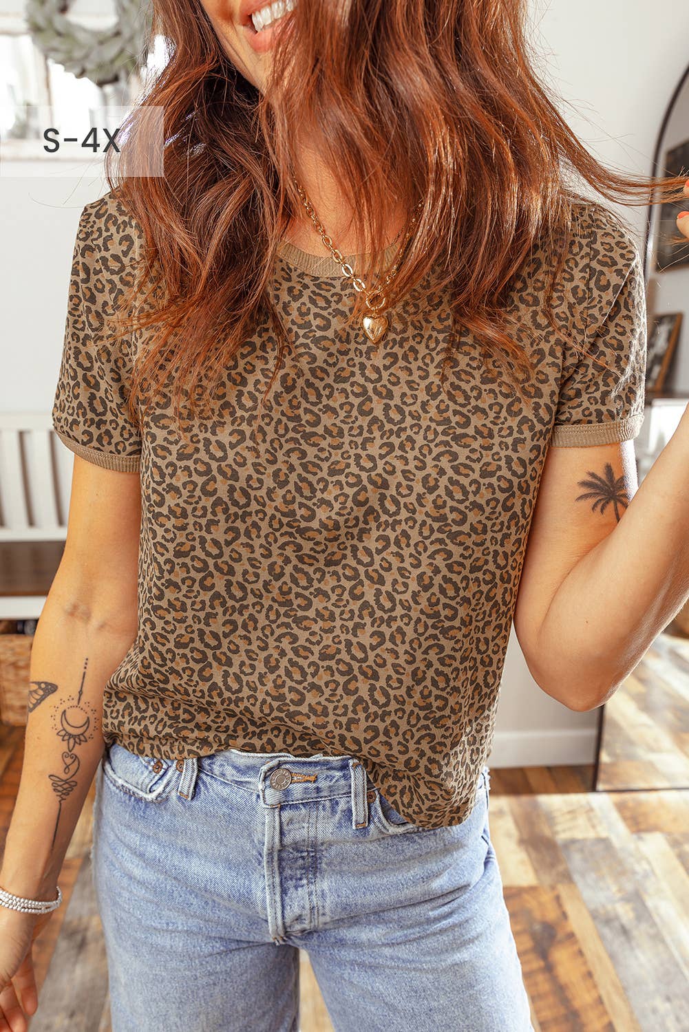 66 Plus Size Leopard Print Ribbed Trim Round Neck Tee (S-4X)