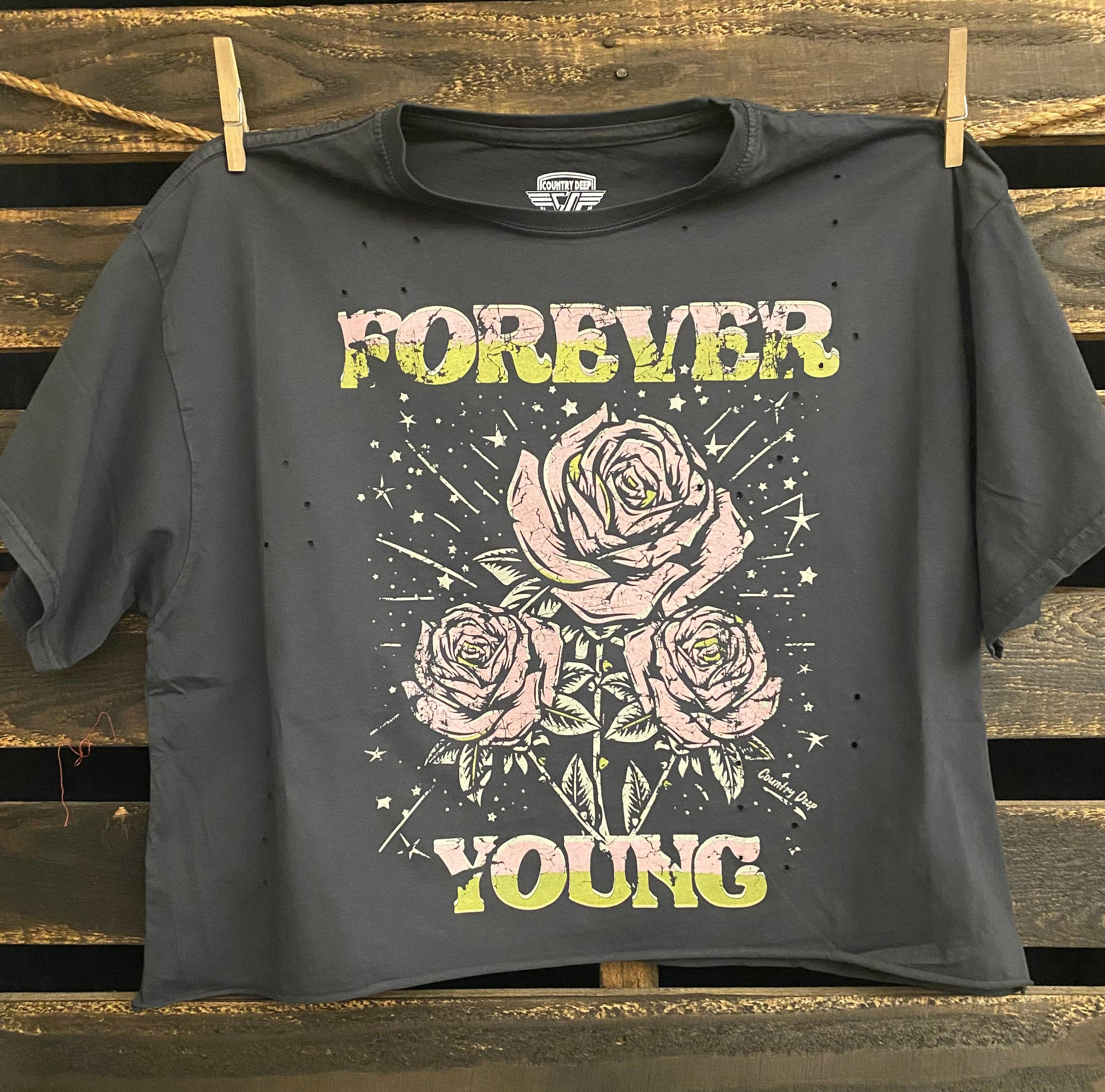 Forever Young Oversized 80's Vibe Distressed Cropped  T- Shirt
