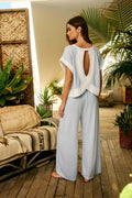 P5765A Striped Drawstring Waist Wide Leg Casual Lounge Pants