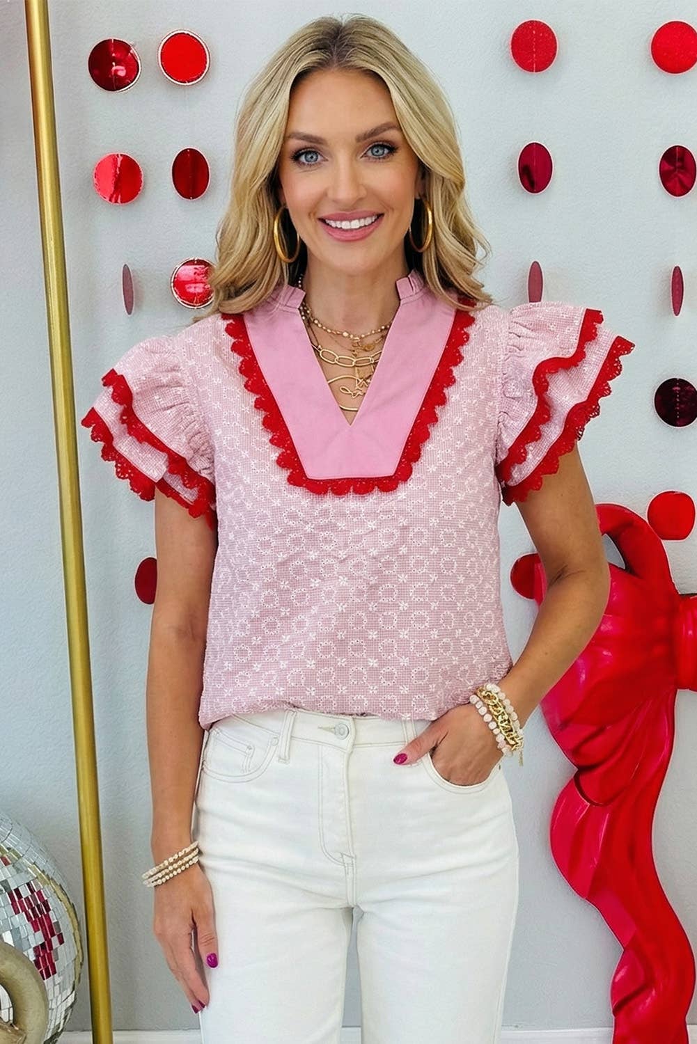 66 Eyelet Embroidered Floral Texture Lace Trim Blouse (S-4X)