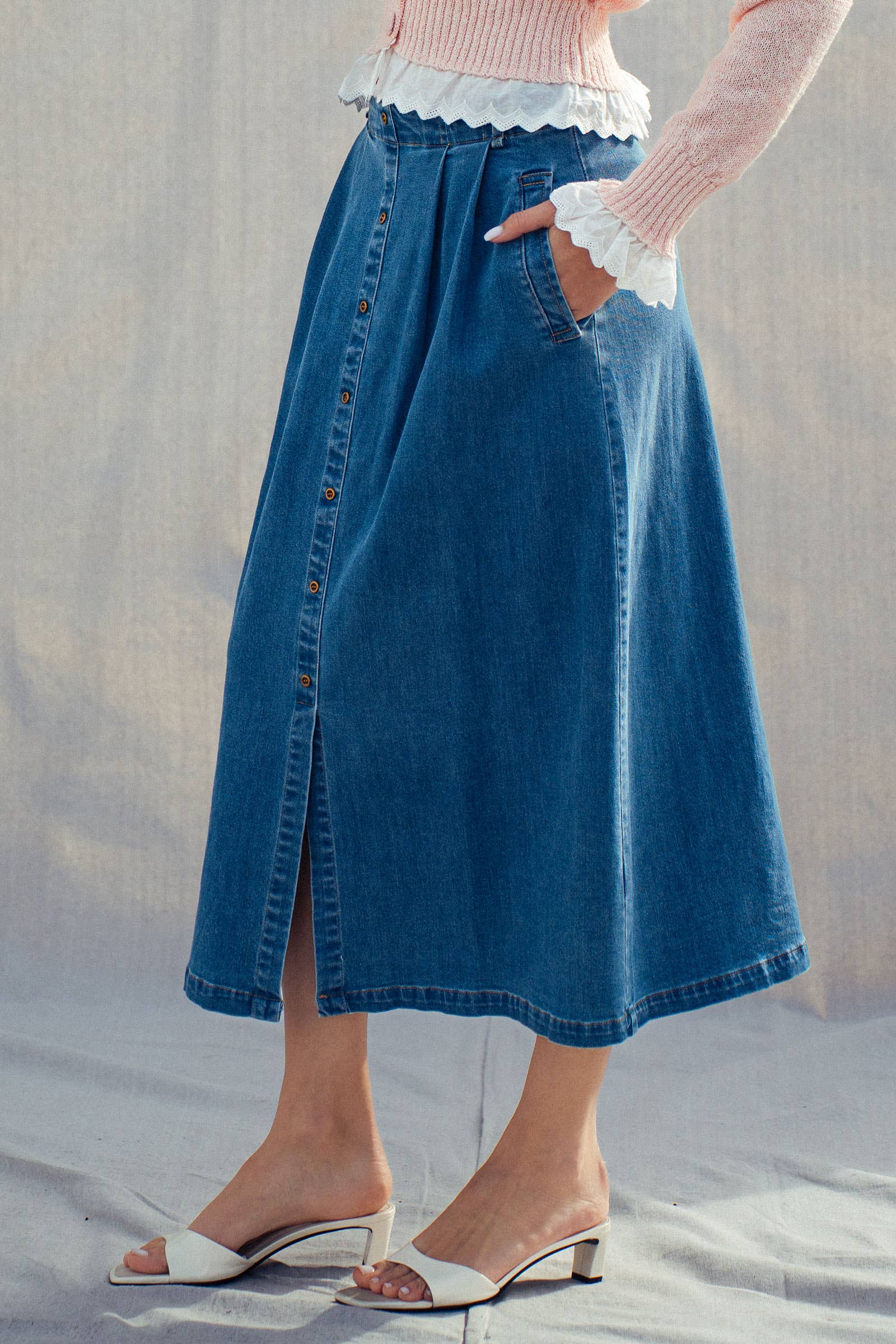 Button-Front Denim Midi Skirt