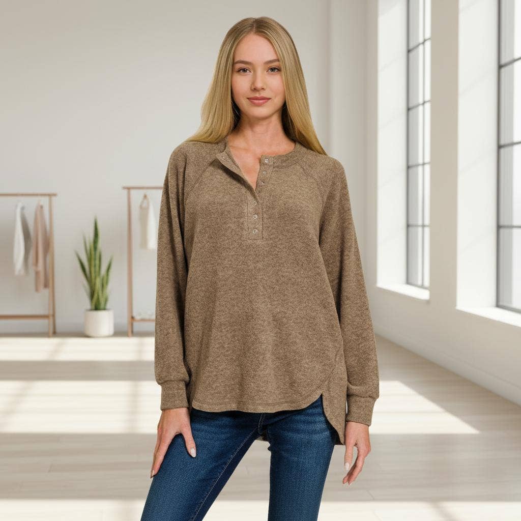Brushed Hacci 7 Button Henley Sweater