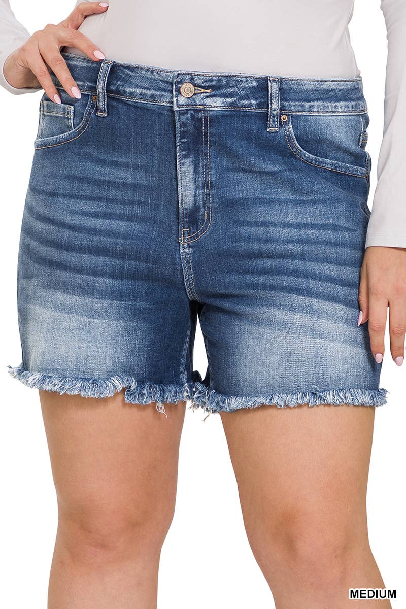 0225 Plus Mid Rise Raw Frayed Hem Denim Shorts SI-29140