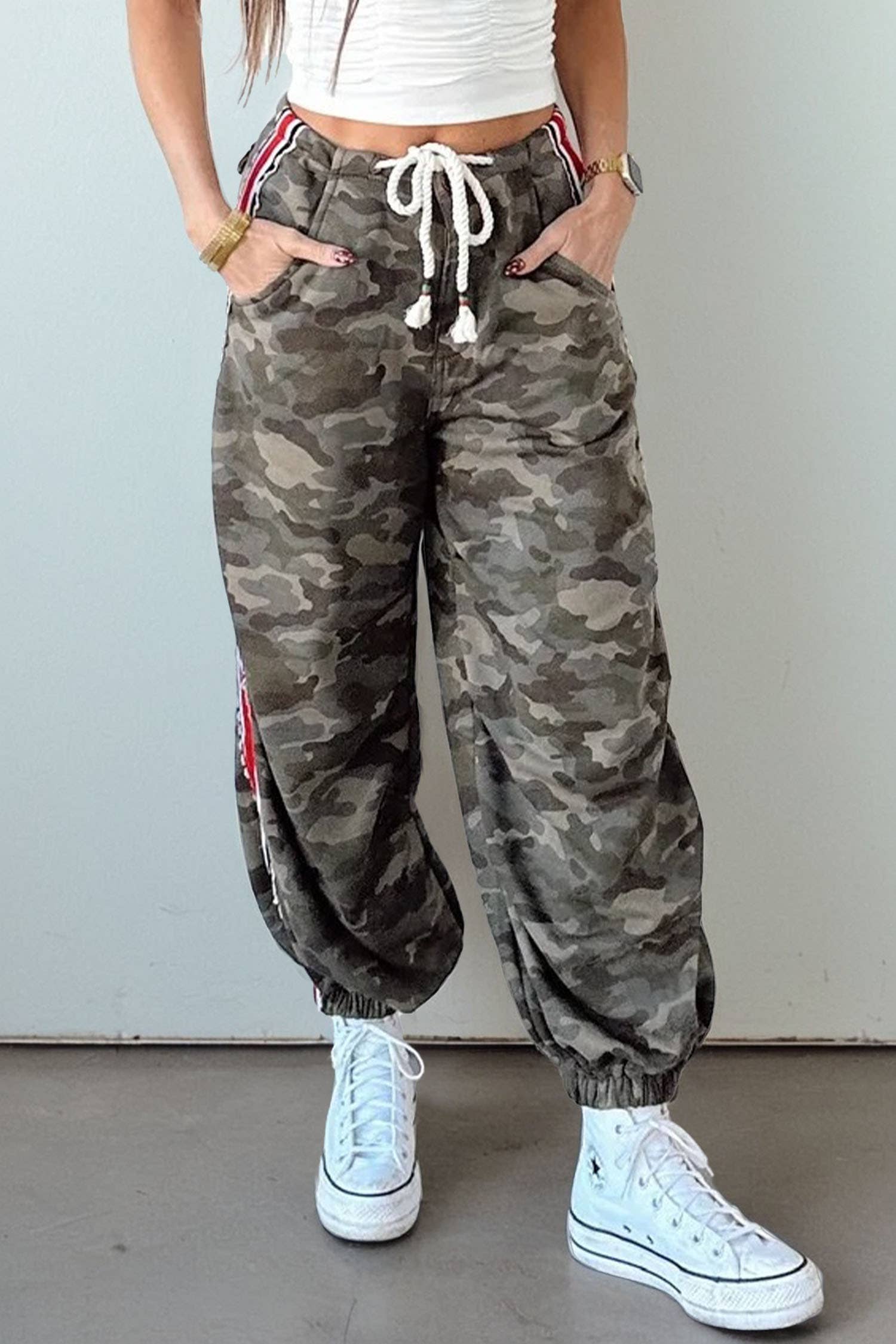 66 Camo Print Striped Side Panel Patchwork Pants (S-Xl)