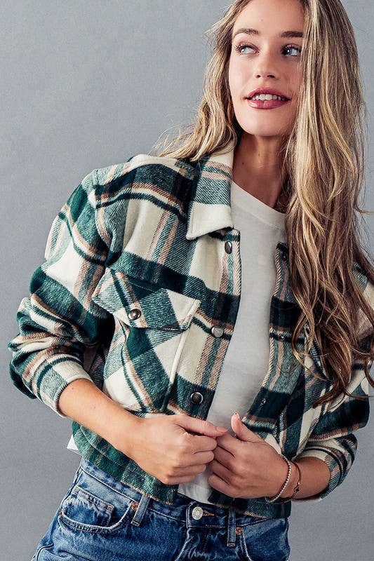 Plaid Cropped Snap-Button Shacket