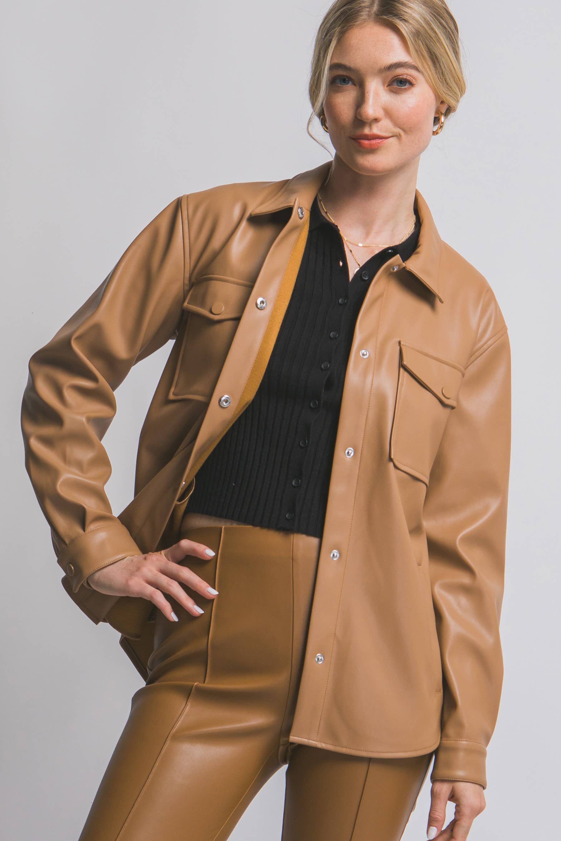 ..1002 Faux Leather Snap Button Shacket w/ Side Pockets SI-28214