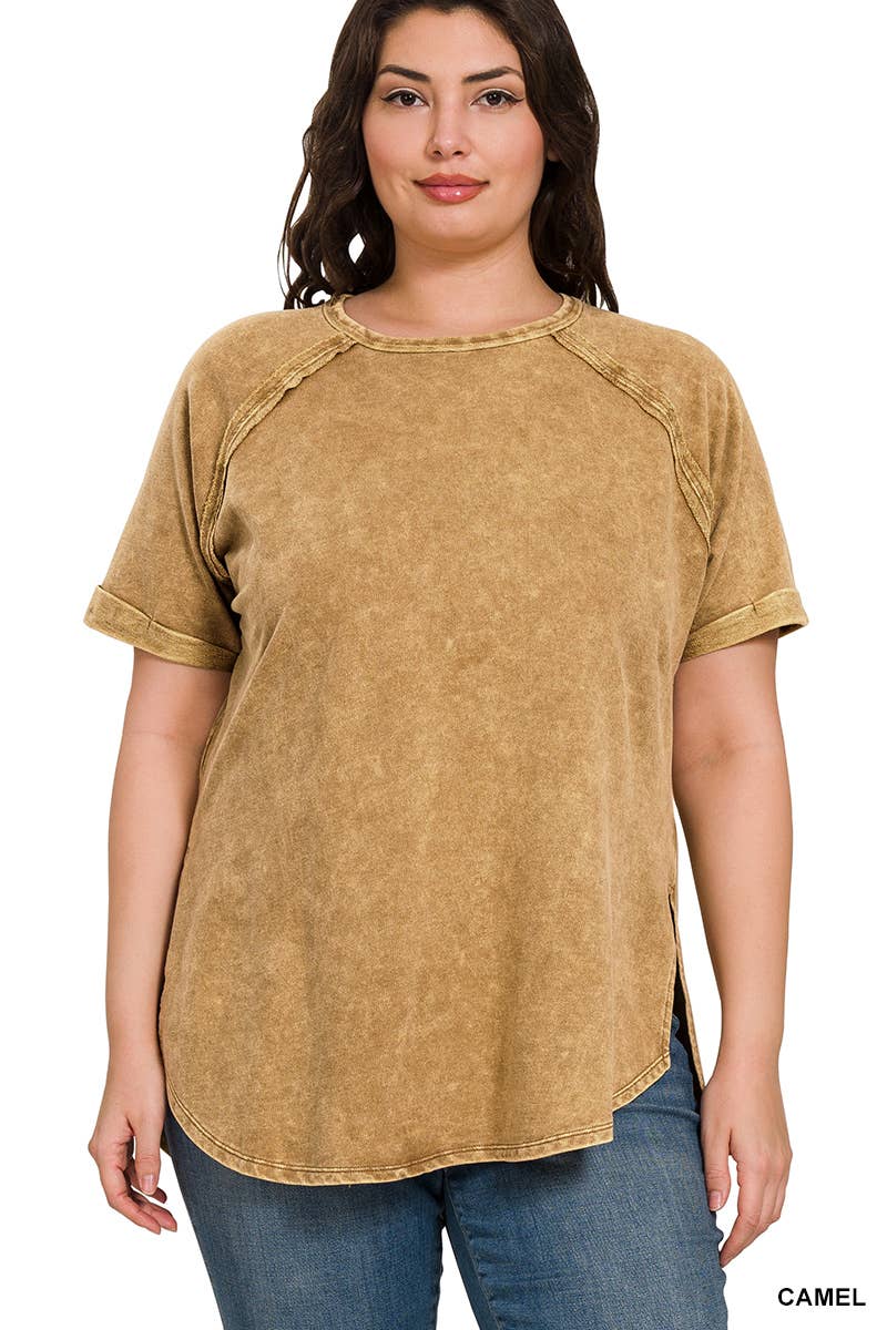 '..._ Plus Acid Wash Raw Edge Short Cuff Sleeve Pullover