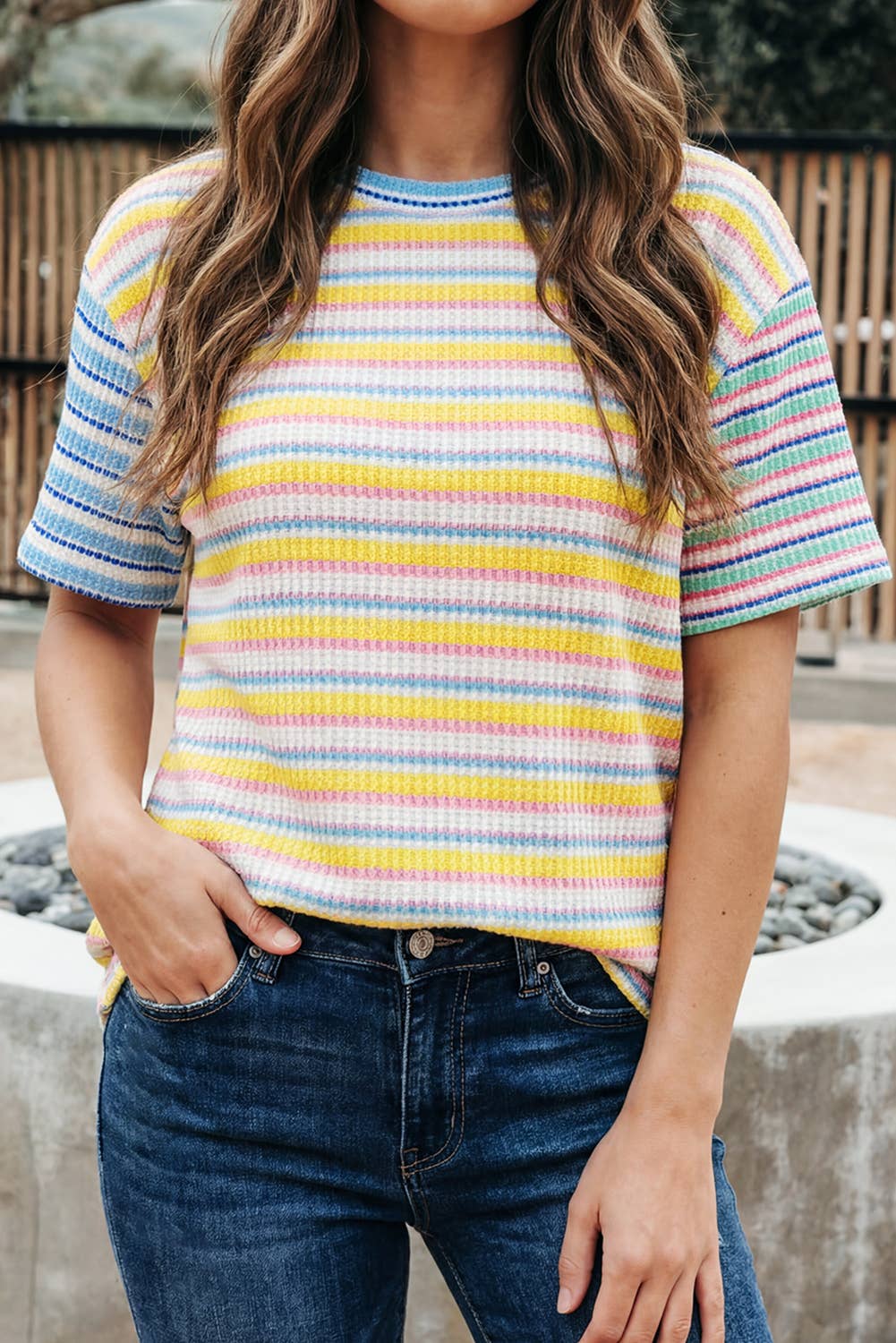 Stripe Stylish Ribbed Contrast Short Sleeve Tee (S-Xl)
