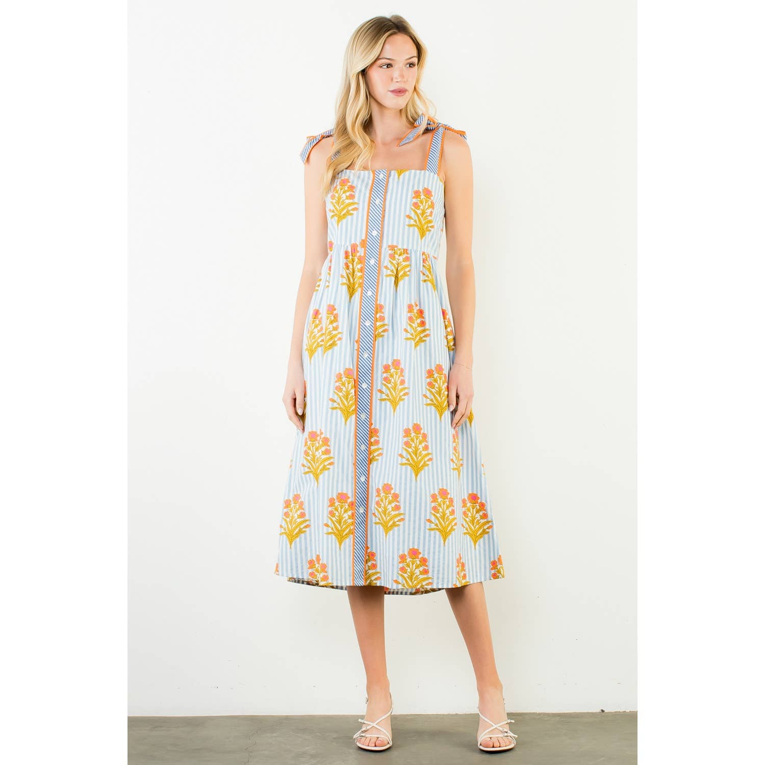 Tie Straps Floral Pattern Button Down Dress