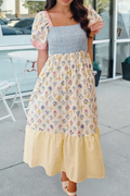 Floral Print Patchwork Square Neck Shirred Long Dress (S-Xl)