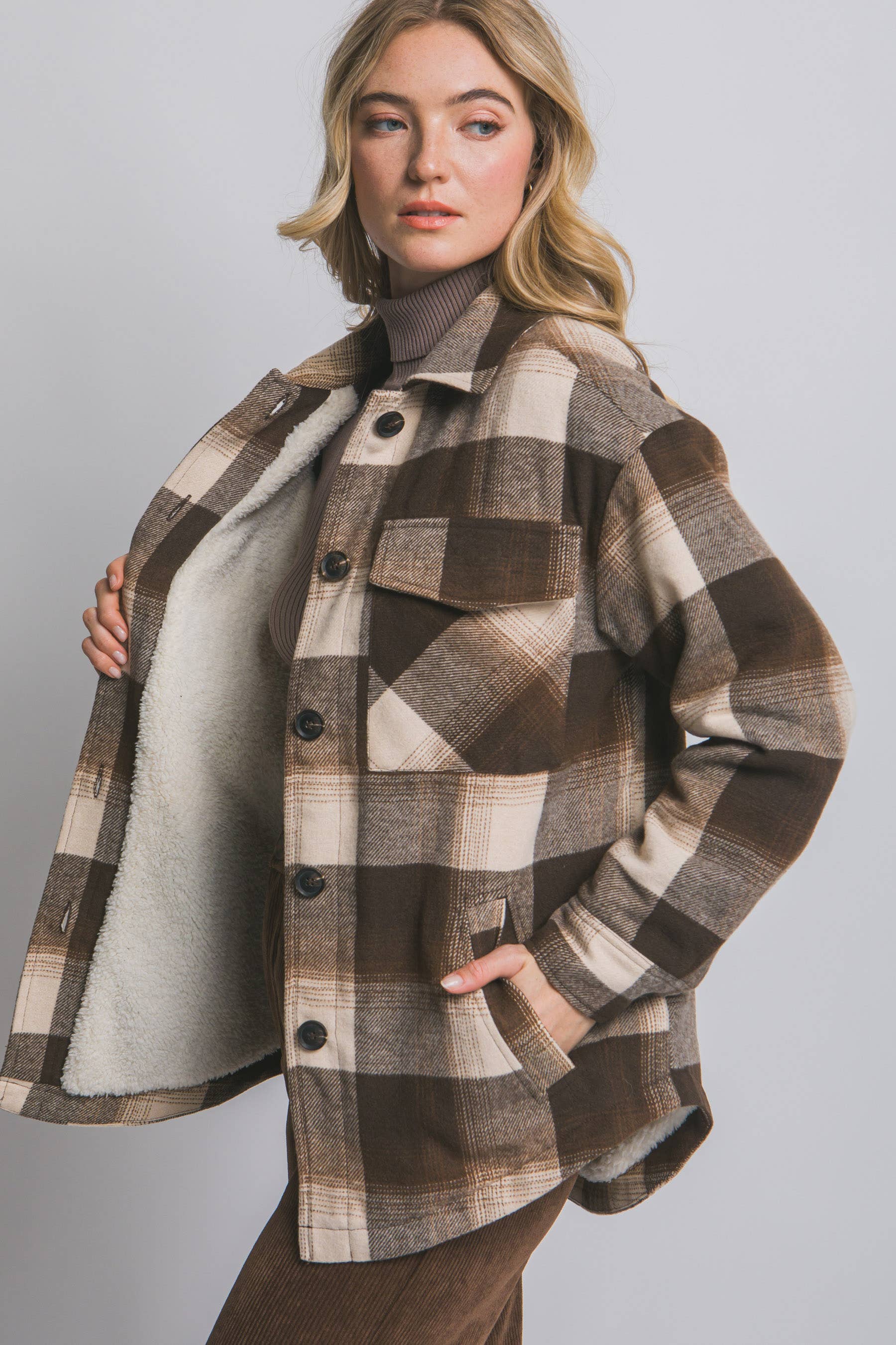 ,..0924 Plaid Button Up Jacket with Sherpa Lining SI-28826