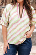 Plus Size Abstract Print Contrast Trim V Neck Blouse