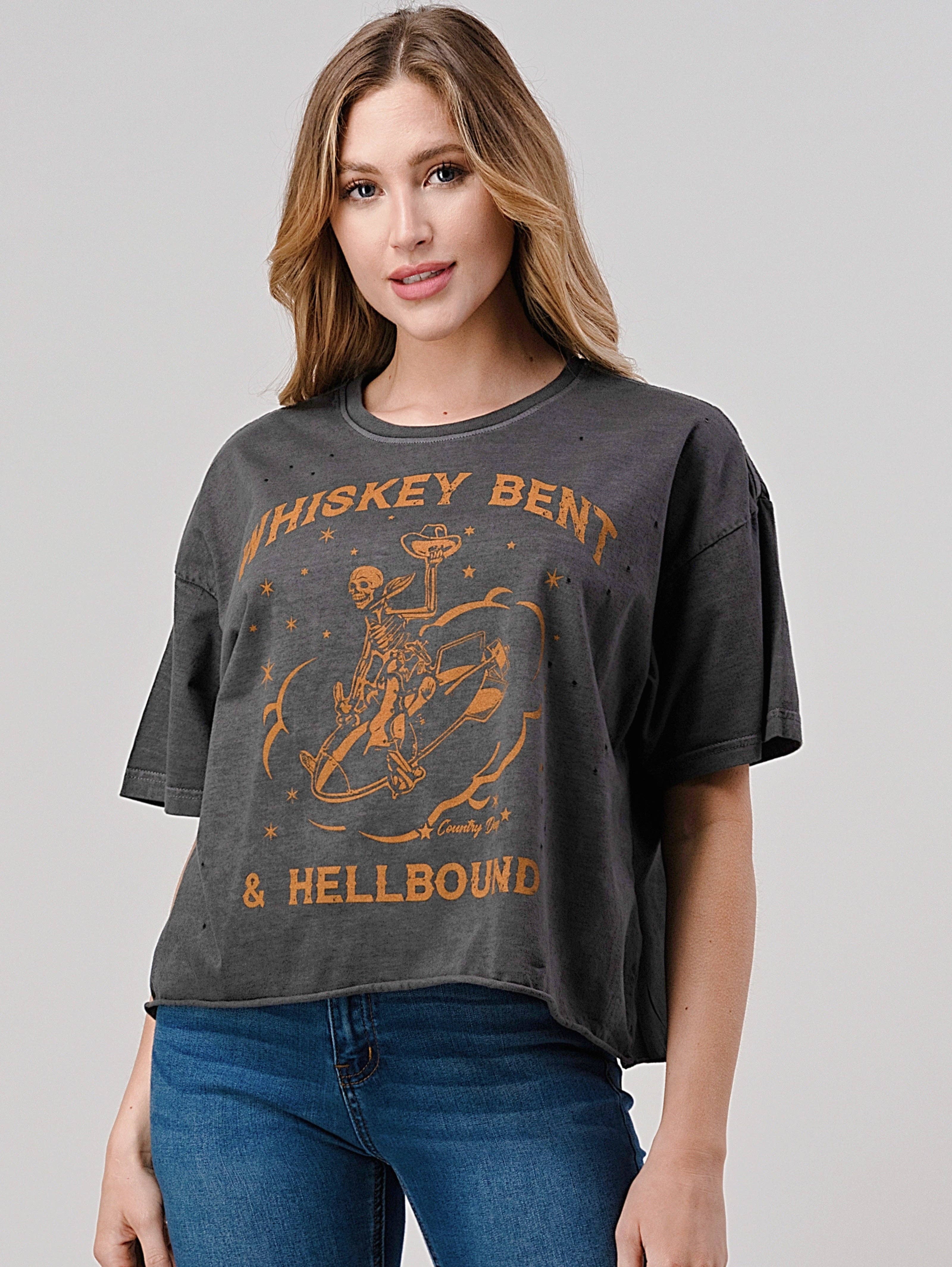 Whiskey Bent Hellbound Oversized 90's Vibe Distressed Cropped  T- Shirt