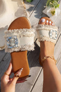 Frayed Wide Band Rhinestone Buckle Detail Slippers