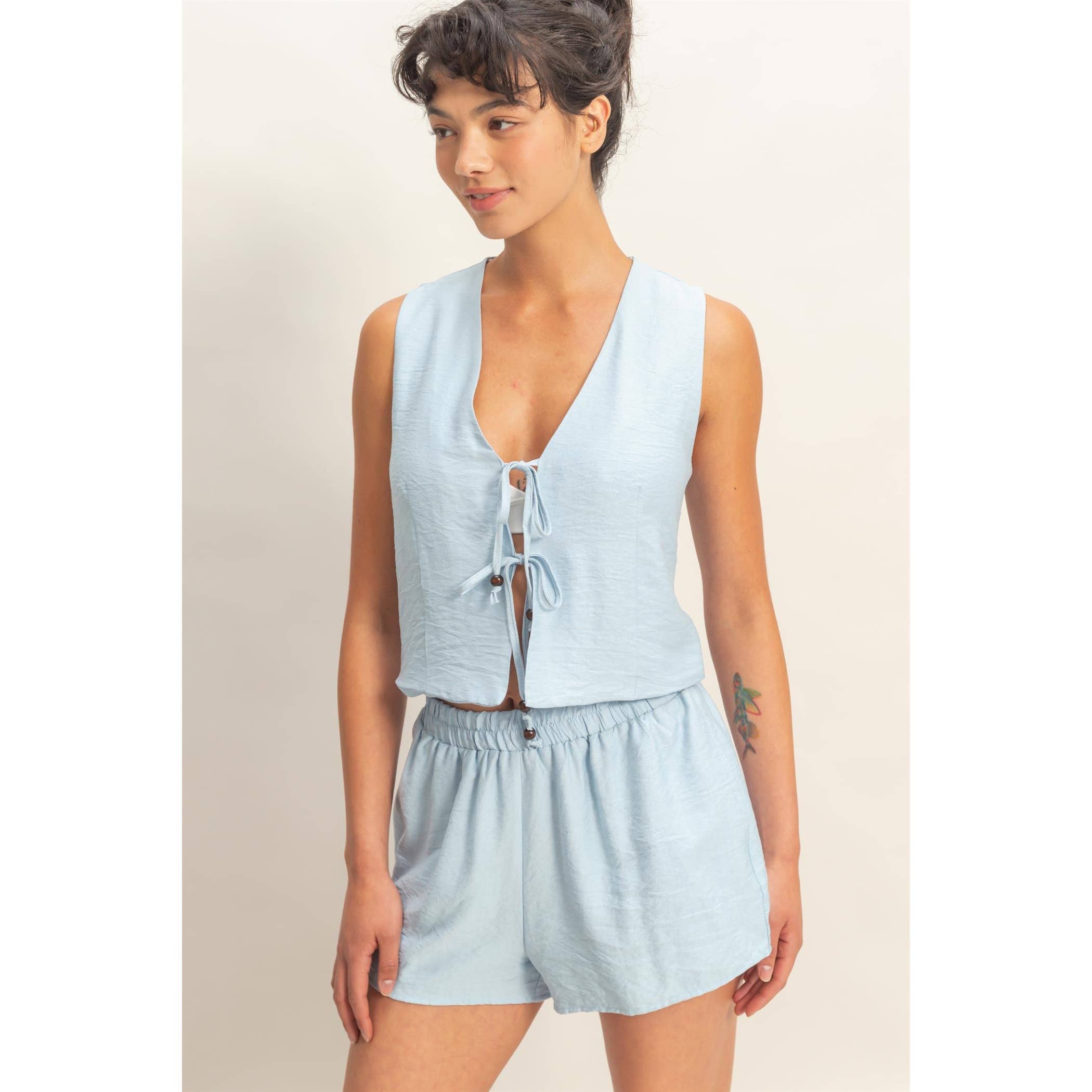 Sleeveless Tie-Front Vest and Elastic Waist Shorts Set