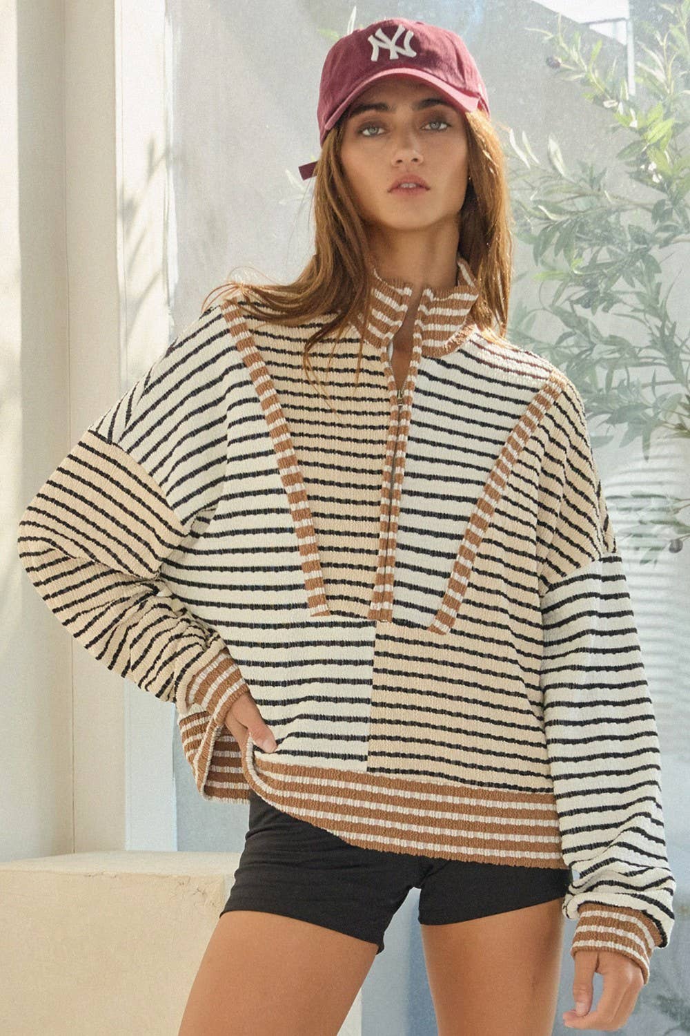 T2406A Oversized Funnel-Neck Half Zip Striped Top