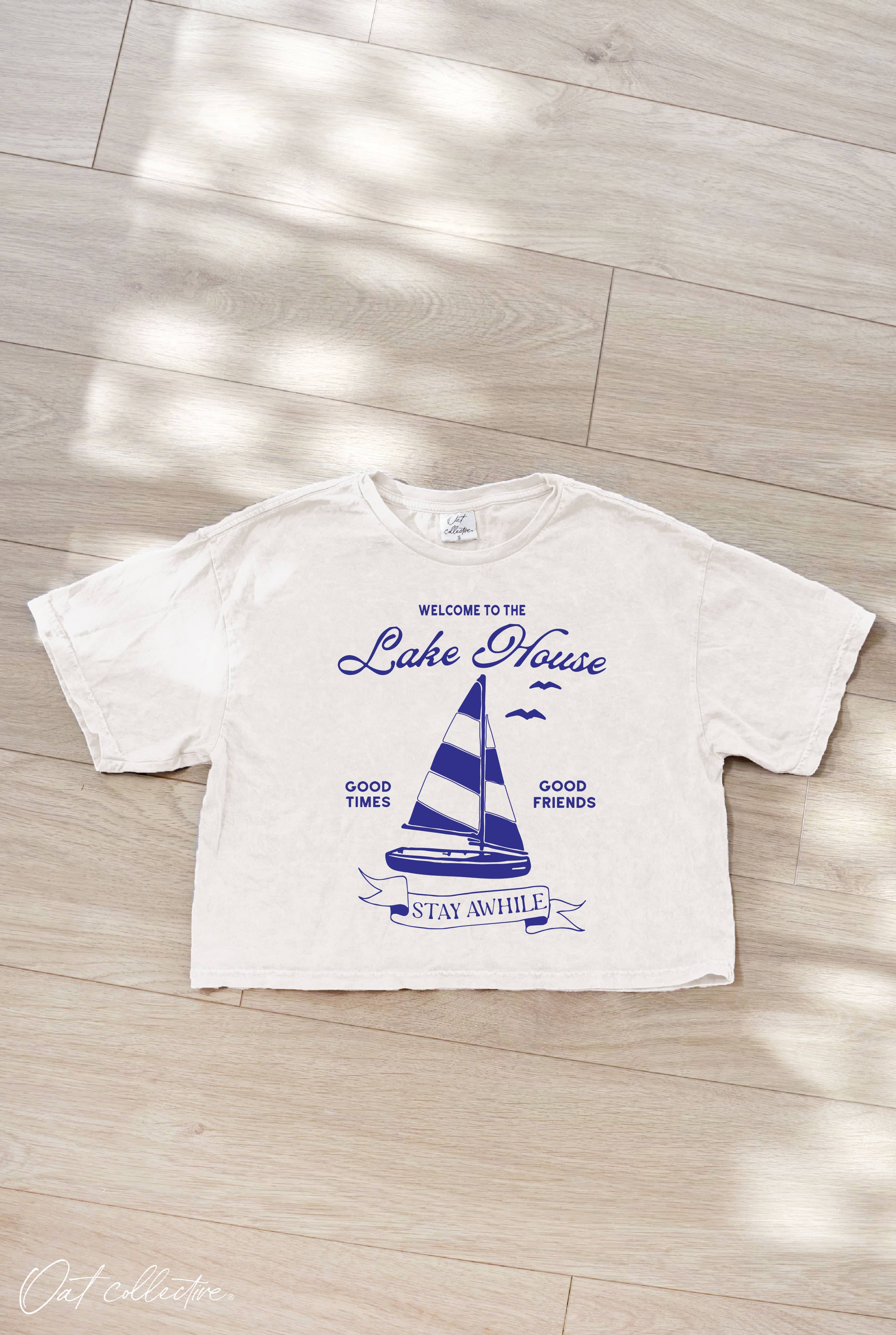 Welcome To the Lake House Cropped Mineral Washed Graphic Top