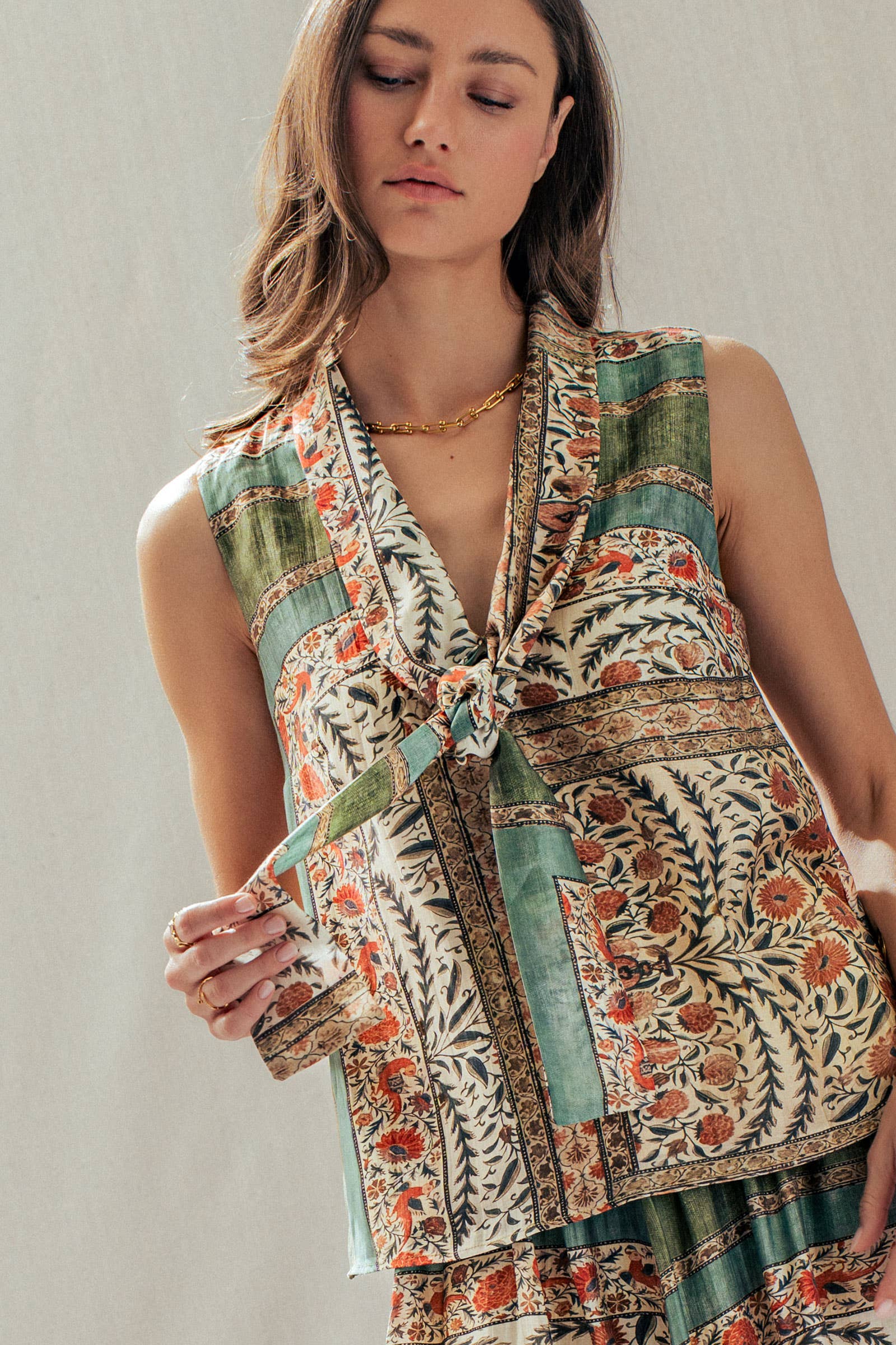 Botanical Bird Print Tie-Front Tencel Blend Top
