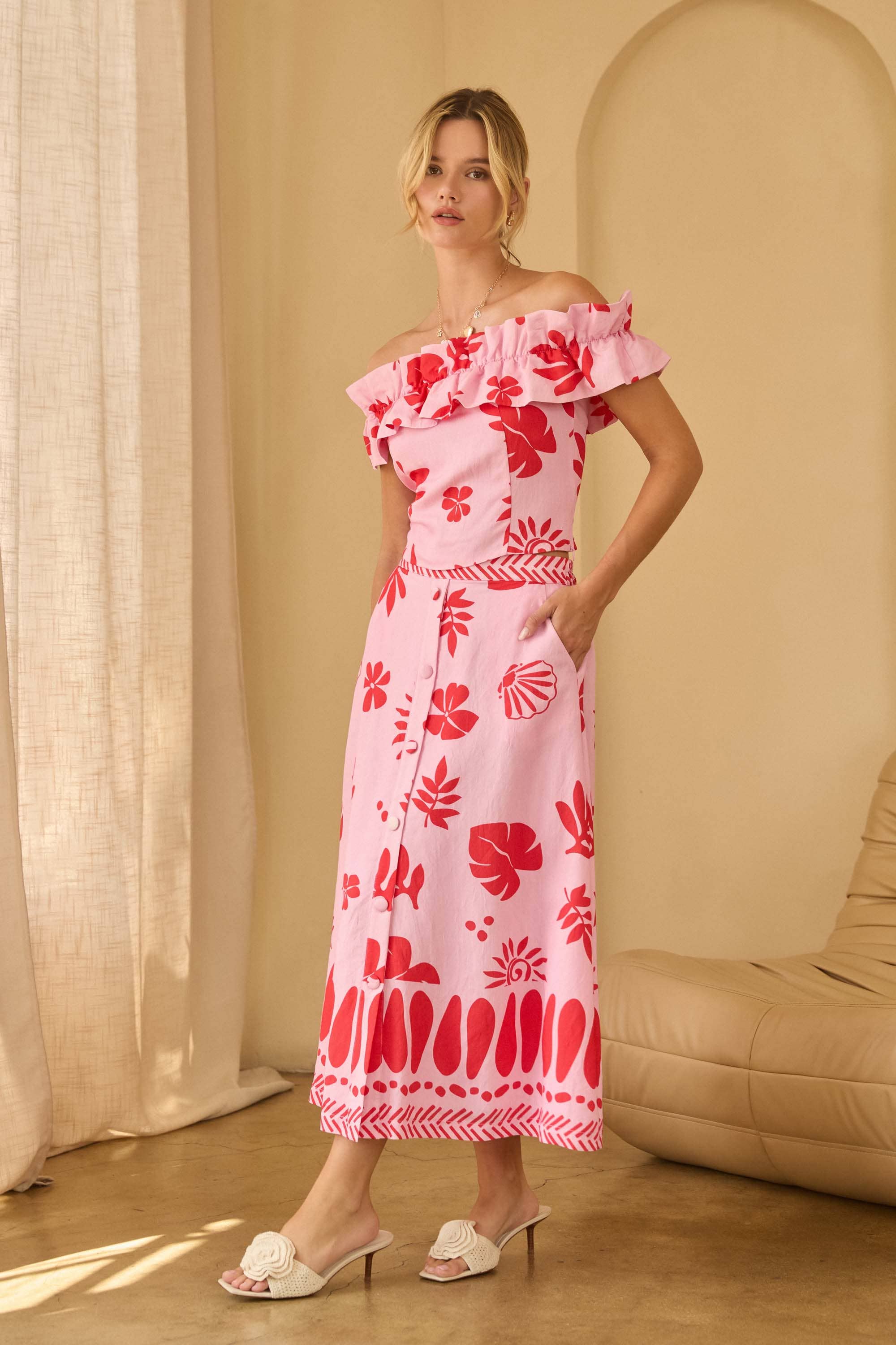Printed Button-Down Midi Skirt