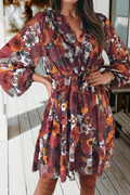 Floral Print Wrap V Neck Puff Sleeve Flowy Mini Dress (S-Xl)