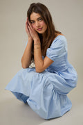 Puff Sleeve Pleated Torso Tiered Skirt Midi Dress