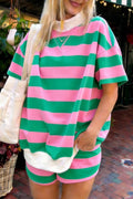 Stripe Colorblock Trim Oversized Tee and Shorts Set (S-Xl)