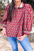Plus Size Floral Print Stripe Half Zip Bracelet Sleeve Top
