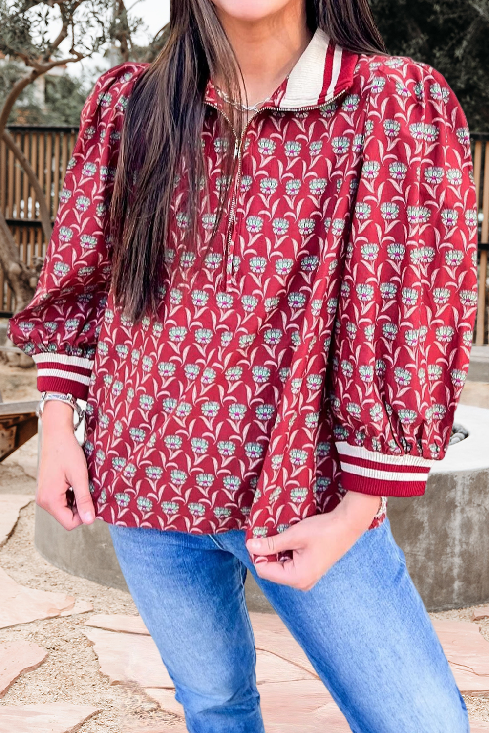 Plus Size Floral Print Stripe Half Zip Bracelet Sleeve Top