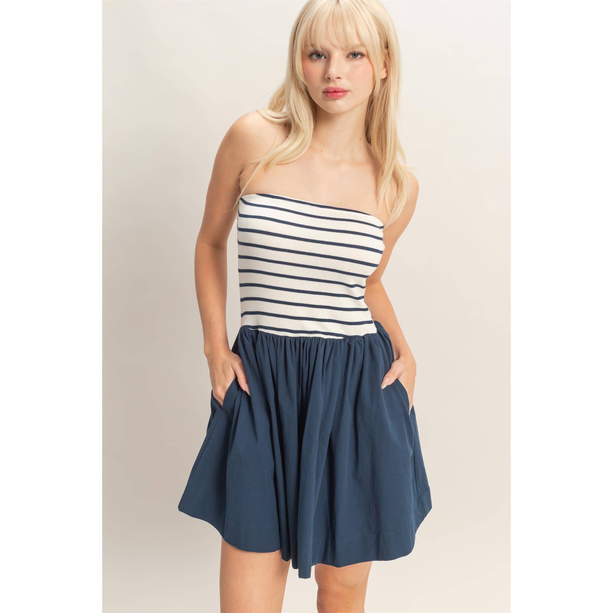 Strapless Striped Flowy Mini Dress