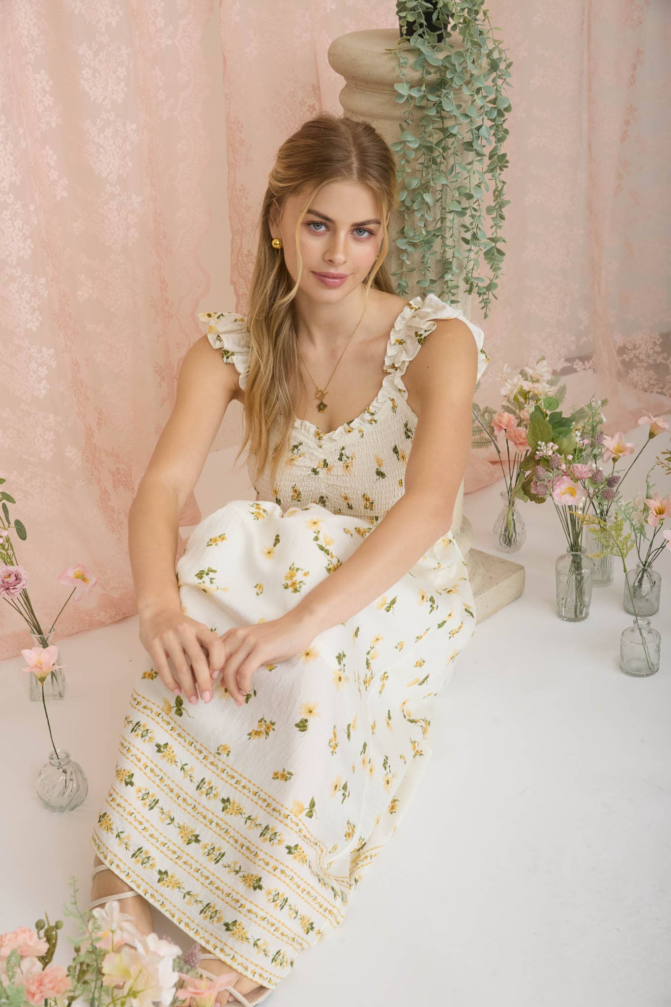 Floral Smocked Ruffle Detail Sleeveless Midi Dress (Pre-Order)