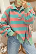 Stripe Colorblock Long Sleeve Collared Neck Top (S-Xl)