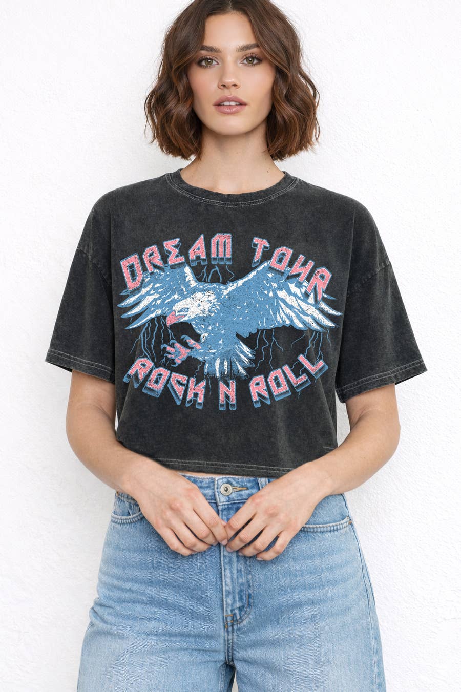 Women Rock N Roll Graphic Print Mineral Wash Crop Top