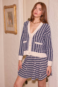 Checkered Pattern Knit Cardigan with Pockets