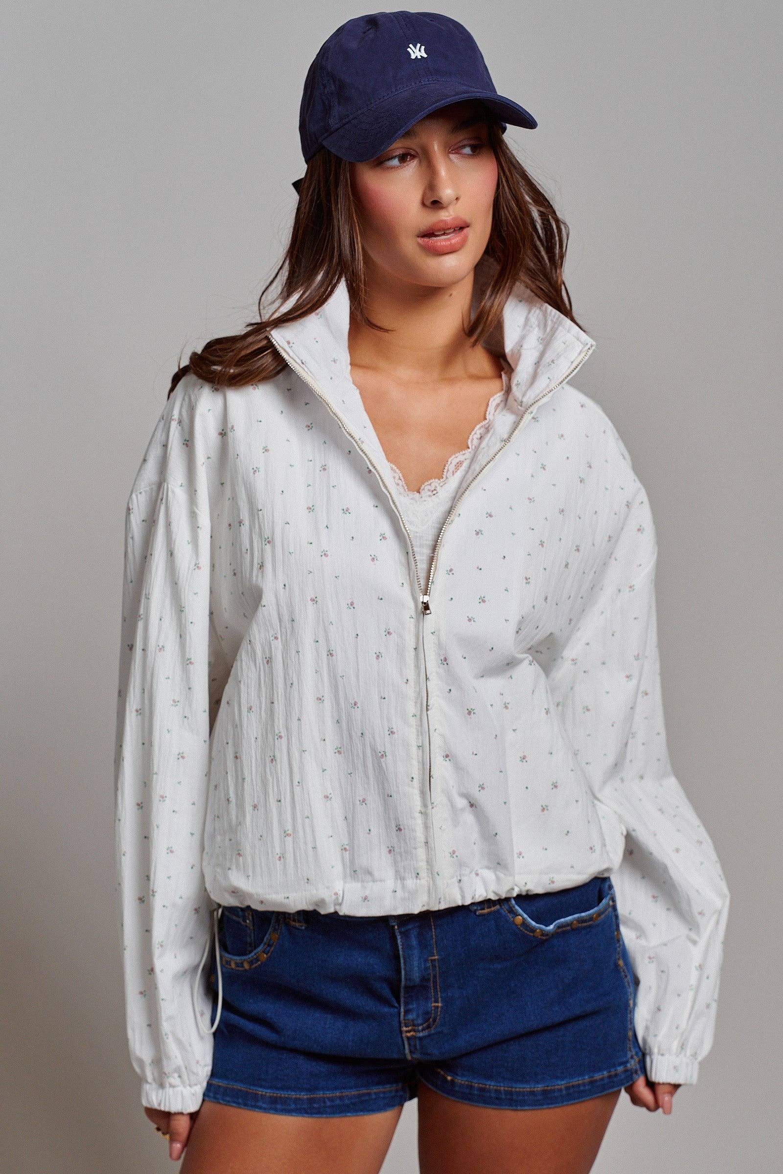 Floral Print Cotton Zip Pullover Jacket