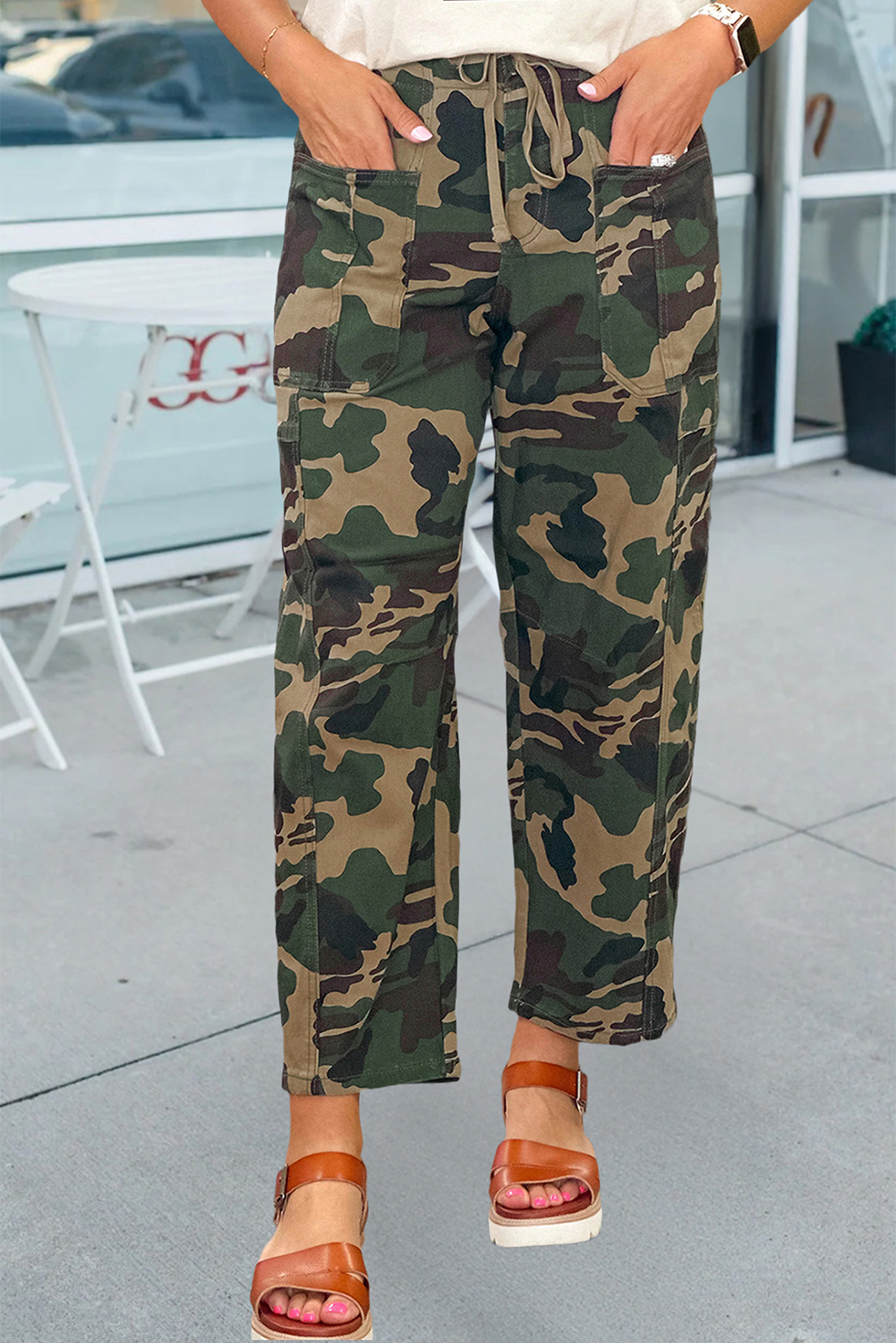 Camouflage Print Drawstring Patch Pocket Barrel Jeans